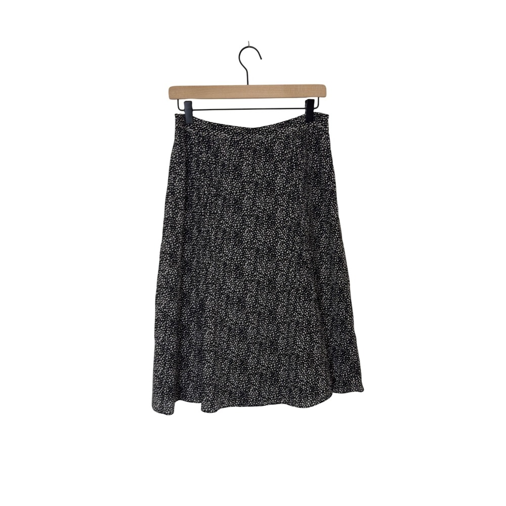 i.e. Black White Abstract Dot 100% Silk Pleated Waist Midi Skirt‎ Size 6